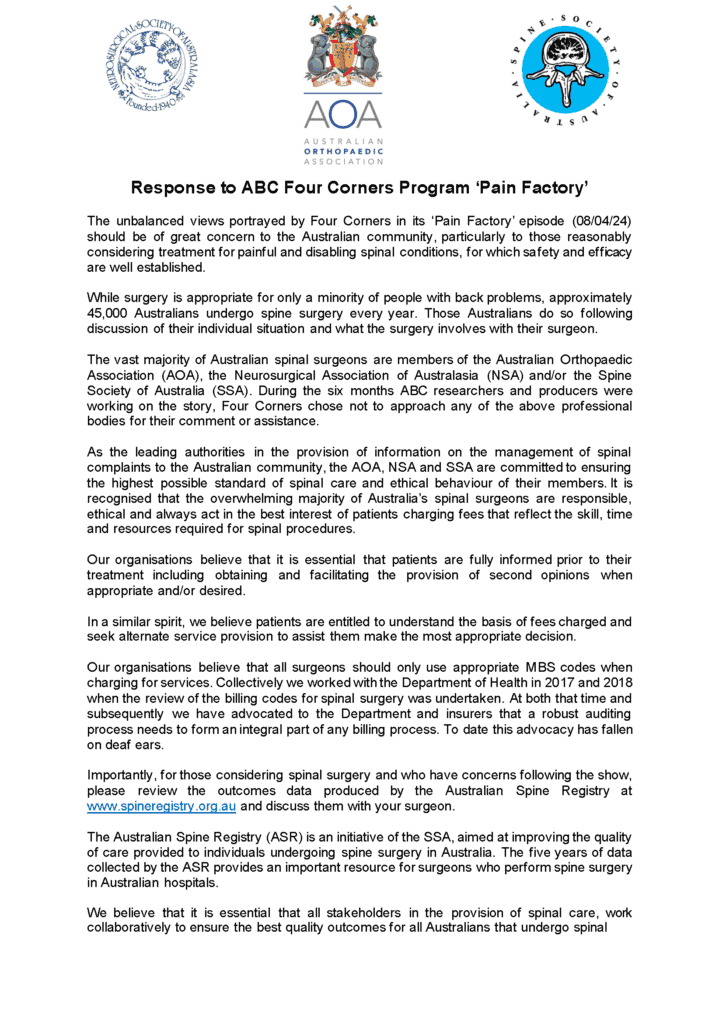 AOA response to the Four Corners Pain Factory program, page 1