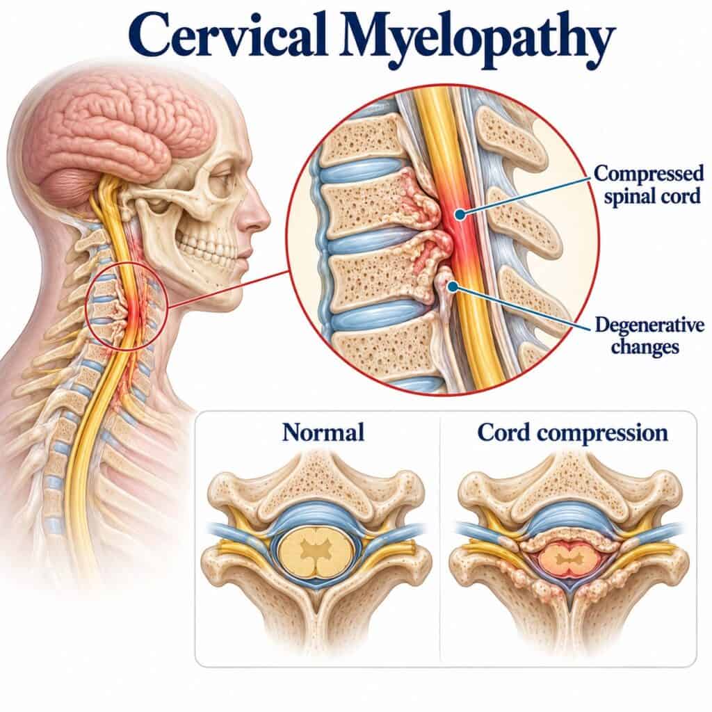 Illustration of cervical myelopathy showing spinal cord compression in the neck