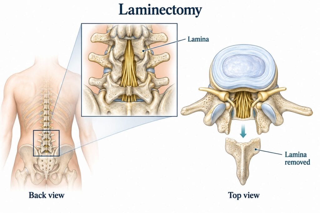 Illustration of laminectomy decompression of the lumbar spine