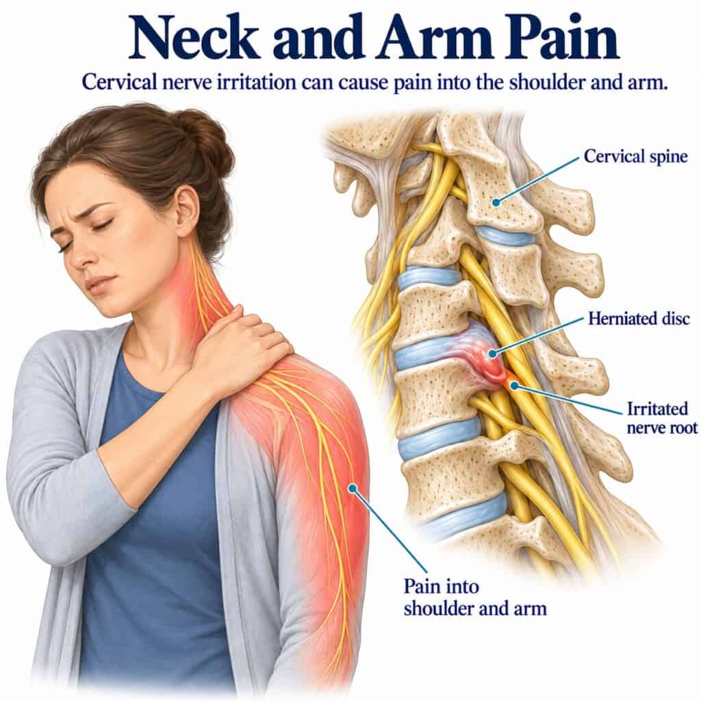 Illustration of a pinched nerve in the neck causing neck and arm pain