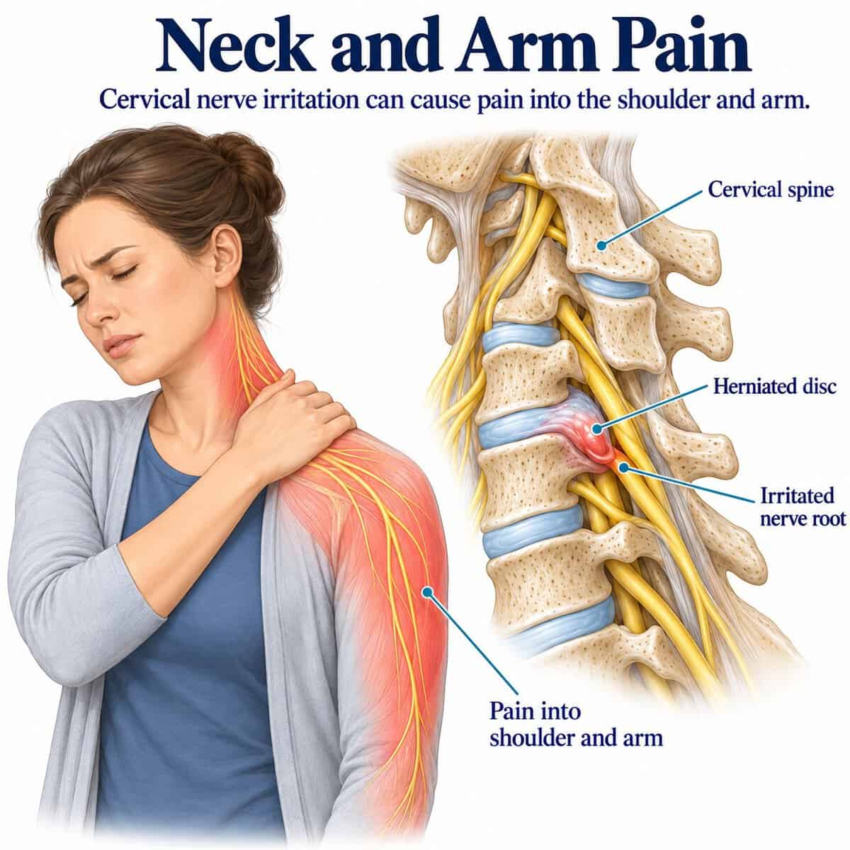 Illustration of a pinched nerve in the neck causing neck and arm pain