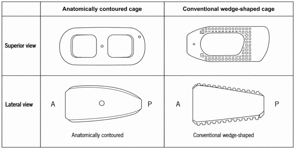 Diagram comparing an anatomically contoured cage with a conventional wedge-shaped cage