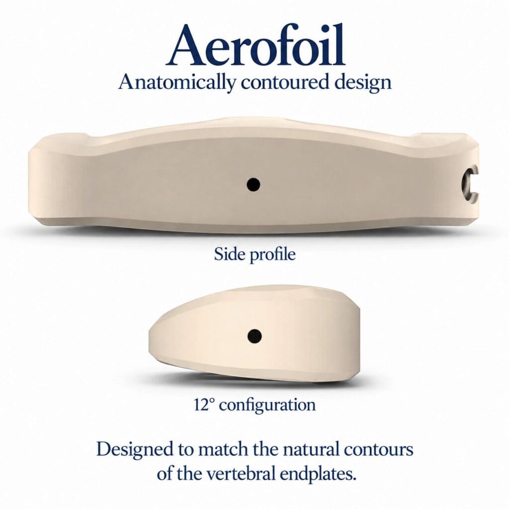 Aerofoil anatomically contoured spinal cage implant, side profile